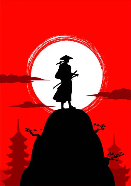 Vector illustration of Vector Japanese Samurai Silhouette Stock Illustration