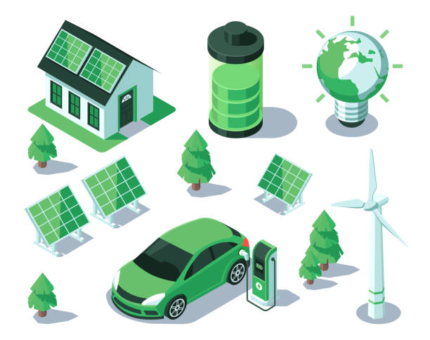 ilustraciones, imágenes clip art, dibujos animados e iconos de stock de vector de ilustración isométrica de energía renovable aislado sobre fondo blanco - green car