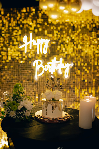 Happy Birthday Cake,Candle and Golden Background Stock Photo Vertical