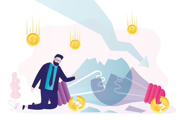 istock Frustrated investor kneeling. Breaking business ideas. Economic problems, global crisis and devaluation. Businessman and falling chart arrow, stock market crash. Business startup fail. 1413435455