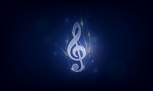 Gold light music note on blue background. vector illustration