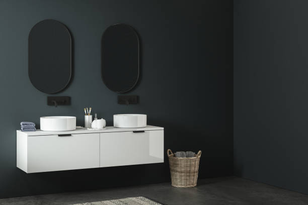 istock Modern minimalist bathroom interior, modern bathroom cabinet, white sink, 1413437235
