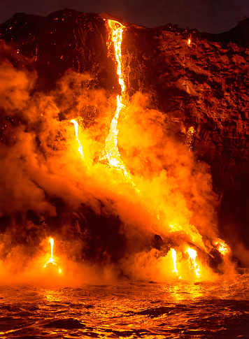 kilauea volcano lava flow into the pacific ocean on big island, hawaii islands, usa.