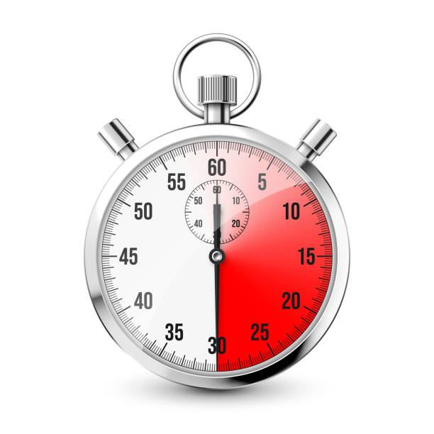 istock Realistic classic stopwatch icon. Shiny metal chronometer, time counter with dial. Red countdown timer showing minutes and seconds. Time measurement for sport, start and finish. Vector illustration 1413438638