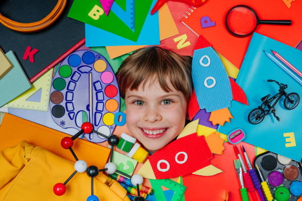 istock Funny girls face surrounded by different school stationery 1413439521