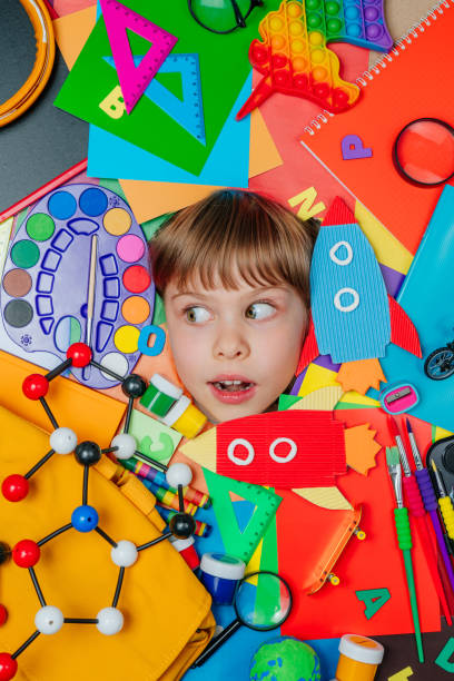 istock Funny girls face surrounded by different school stationery 1413439545