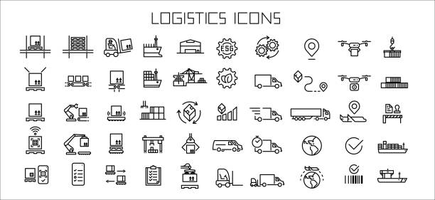 ilustraciones, imágenes clip art, dibujos animados e iconos de stock de iconos de logística, iconos de línea de ilustración vectorial sobre robótica logística y tecnología para la cadena de suministro - almacén de distribución