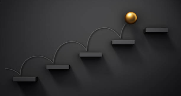 Golden ball jumping stairway upwards Golden ball jumping stairway with white wall upwards - 3D illustration just do it stock pictures, royalty-free photos & images