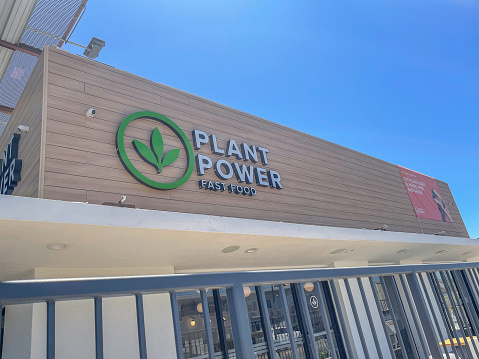 Los Angeles, CA, USA  August 6, 2022: Exterior of a vegan fast food restaurant on Vine Street named Plant Power in Los Angeles, CA.