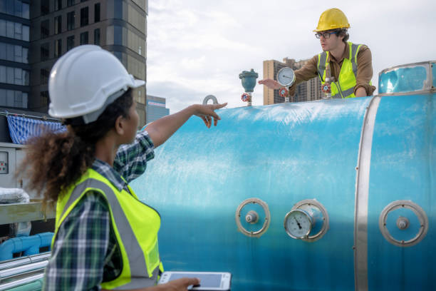 The engineering team checks the operation of the air-chiller HVAC system of a large industrial building. The engineering team checks the operation of the air-chiller HVAC system of a large industrial building. Tower Fan stock pictures, royalty-free photos & images