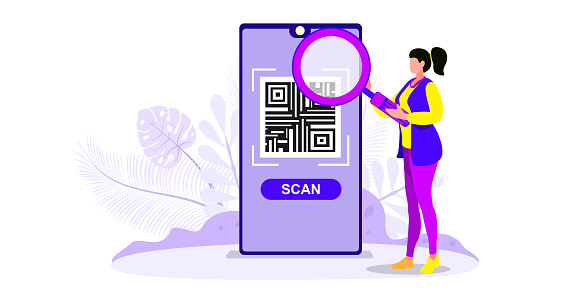 QR code scanning vector illustration concept, people use smartphone and scan qr code for payment and everything, can use for, landing page, template, ui, web, mobile app, poster, banner, flyer