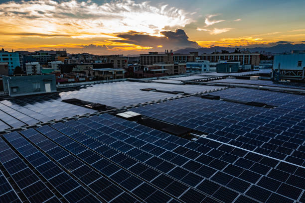 istock Solar panels on the roof at sunset 1413443964