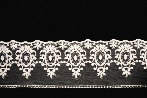 istock White lace on black background isolated horizontally with copy space. Sewing concept 1413444016