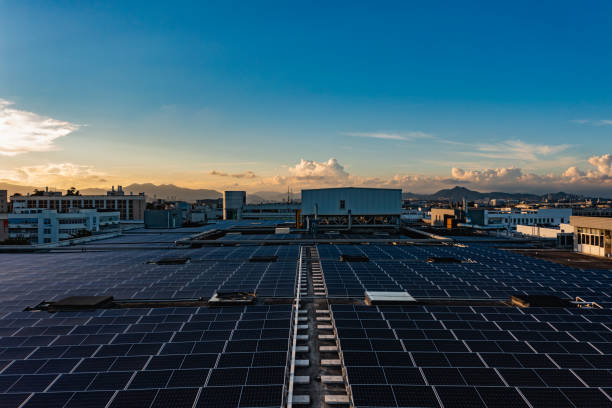 istock Solar panels on the roof at sunset 1413444038