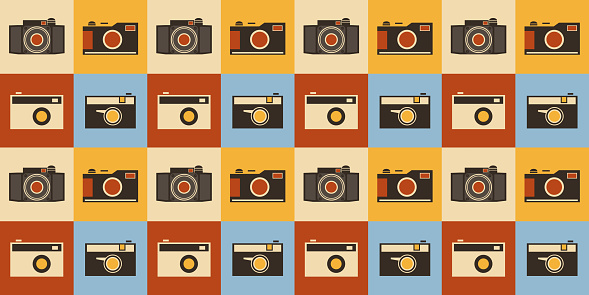 Set of Many Various Retro Style Cameras Pattern on Colorful Background for Wallpaper, Wrapper, Placard, Poster, Cover Designs - Illustration in Editable Vector Format