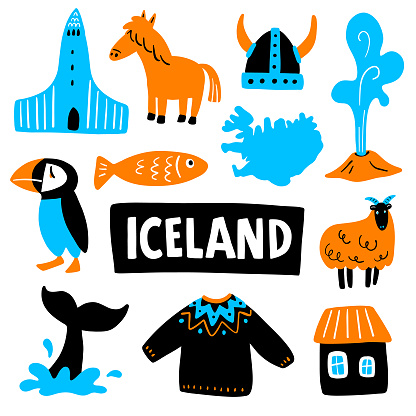 Fun, cartoon doodles of various Icelandic objects