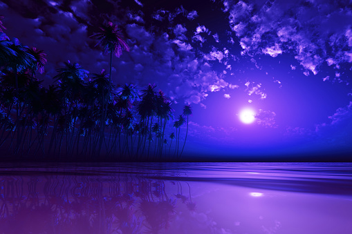 full purple moon over coconut island at tropic sea