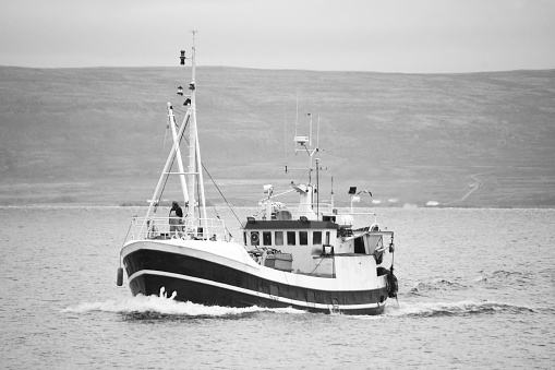 A fishing boat with a fisherman at the stern who is returning to the port with mountains as a backdrop - Black and white