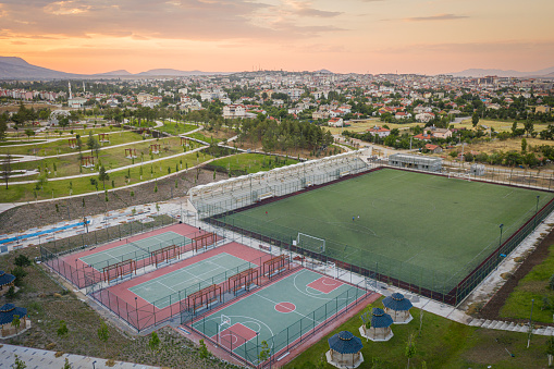 Aerial view of the sports field in Seydisehir State Park: football field and training grounds.