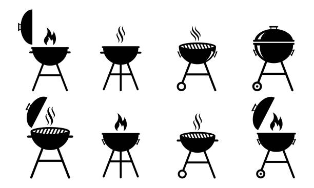 Set of grill vector icons. BBQ with lattice. Barbecue with cover and smoke. Black silhouette BBQ grill. Set of grill vector icons. BBQ with lattice. Barbecue with cover and smoke. Black silhouette BBQ grill. Cook on backyard. metal grate stock illustrations