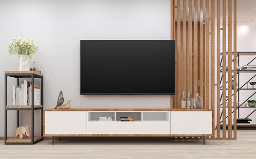 Modern living room with a  blank TV (copy space) and decoration (vases, books, flowers, sculptures) on a low  white and wooden cabinet on a white plaster wall background. A  hardwood paneled wall divider on a side of the wall and a shelving unit and decoration in the background on hardwood parquet floor. 3D rendered image.