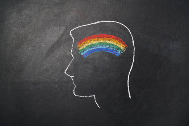 Silhouette of a man's head with a rainbow drawn on a chalk board. Sexual orientation concept. stock photo