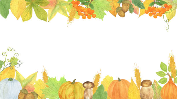 istock Autumn element arrangement, pumpkin, wheat, acorn, rowan, forest mushroom multicolored green, orange, yellow leaves seasonal fall holiday watercolor floral illustration for Halloween, Thanksgiving 1413450910