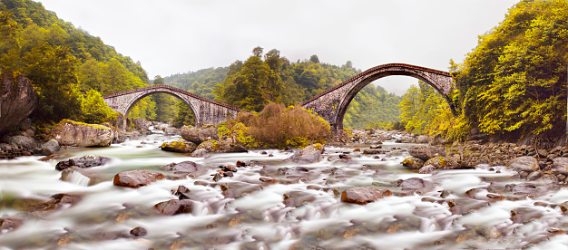 Double Bridge in Artvin. It is the famous two adjacent arch bridge in Arhavi district. It is the most popular touristic stop of Artvin. Turkey