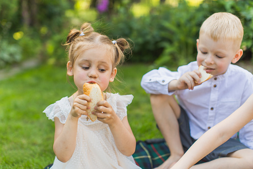 Brother and sister. Portrait of girl  on summer blurred background. Cheerful and happy childhood. Boy and girl eating baguette outdoors. Summer picnic vacation. Outdoor recreation. Fresh bakery