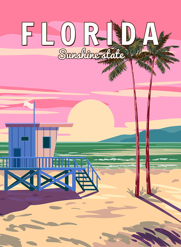 Retro Poster Florida Beach. Lifeguard house on the beach, palm, coast, surf, ocean. Vector illustration vintage style isolated