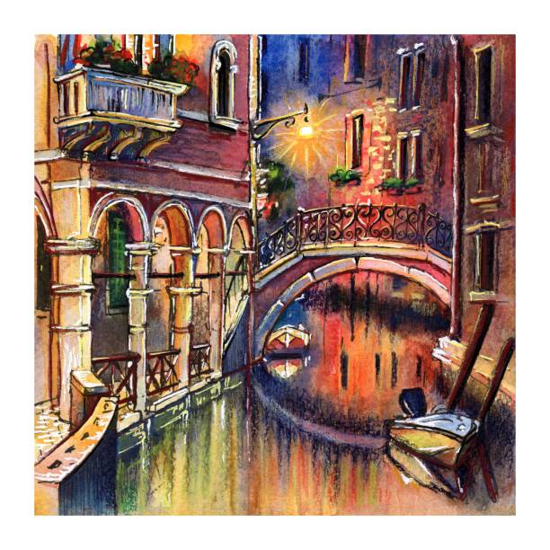 illustrazioni stock, clip art, cartoni animati e icone di tendenza di canale notturno e ponti a venezia - veneto night street