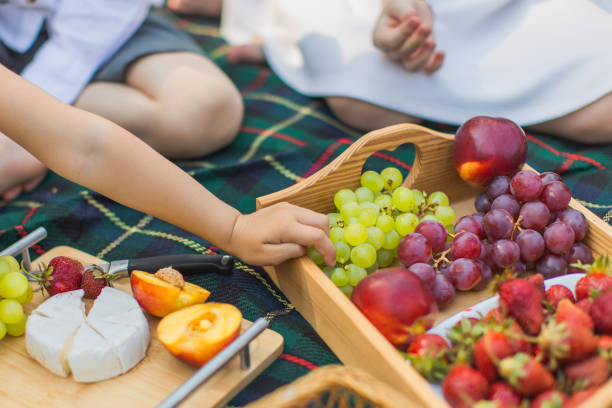 uva, formaggio, pesche, baguette, nettarine, fragole in vassoio. tavolo da picnic. prendi la bacca. i bambini pranzano. vacanze estive. attività ricreative all'aperto. infanzia. attività per il tempo libero. casa in affitto - family grape foto e immagini stock