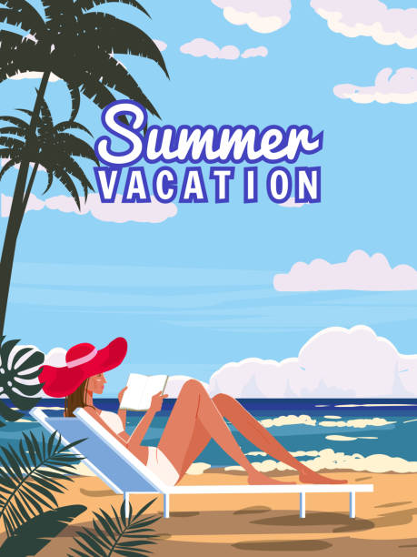 Summer Vacation woman in chaise lounge with book in the red hat on the beach, coast tropical resort, palms, ocean. Retro poster Time To Travel Summer Vacation woman in chaise lounge with book in the red hat on the beach, coast tropical resort, palms, ocean. Retro poster Time To Travel vacation. vector, illustration isolated red beach chairs stock illustrations