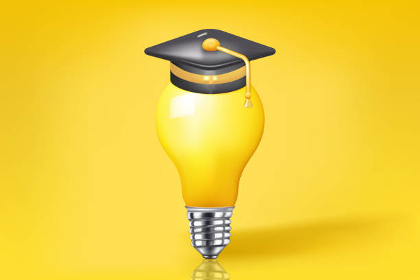 istock Bulb light wear a college cap, graduation cap, mortar board. Education, degree ceremony concept. 3d vector illustration. Cartoon minimal style. 1413456588