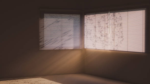 istock White Venetian blinds with sunlight and shadow. Window blinds. 3d rendering. 1413456628