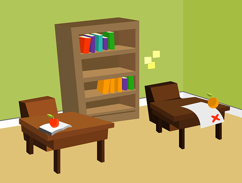 Empty classroom corner with two desks, fruits, books, paper, notebook, adhesive note papers, bookcase. No people. Cartoon vector illustration.