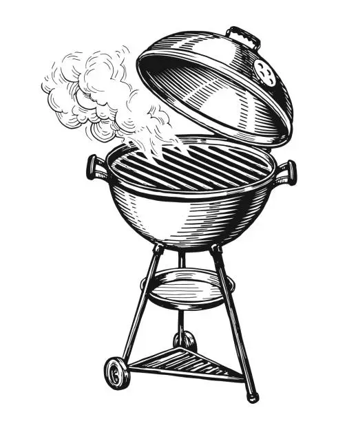 Vector illustration of BBQ grill isolated. Barbecue brazier with smoke. Kebab, grilled food concept. Hand drawn sketch vector illustration