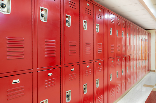 Marron metal lockers within hallway.