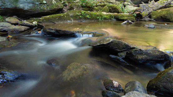 Stream running fast over moss covered rocks near Boone North Carolina.