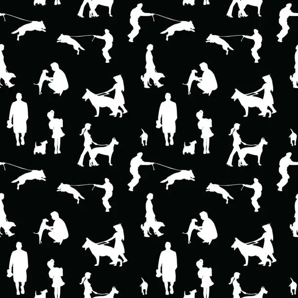 Vector illustration of Seamless pattern of pet and owners holding or walking a dog, Barkitecture concepts black and white