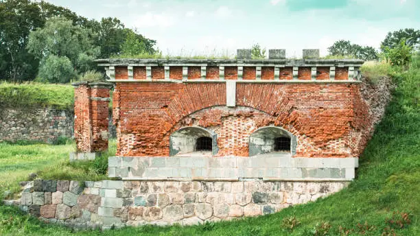 fragment of an old Russian fortress of the 19th century in Daugavpils made of bricks and boulders.