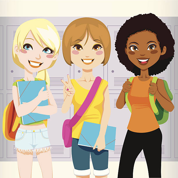 illustrazioni stock, clip art, cartoni animati e icone di tendenza di amici di scuola - locker high school student student backpack