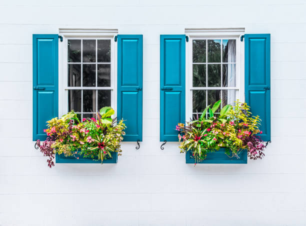 istock Windows with blue shutters and colorful flowers on the white wall 1413462731