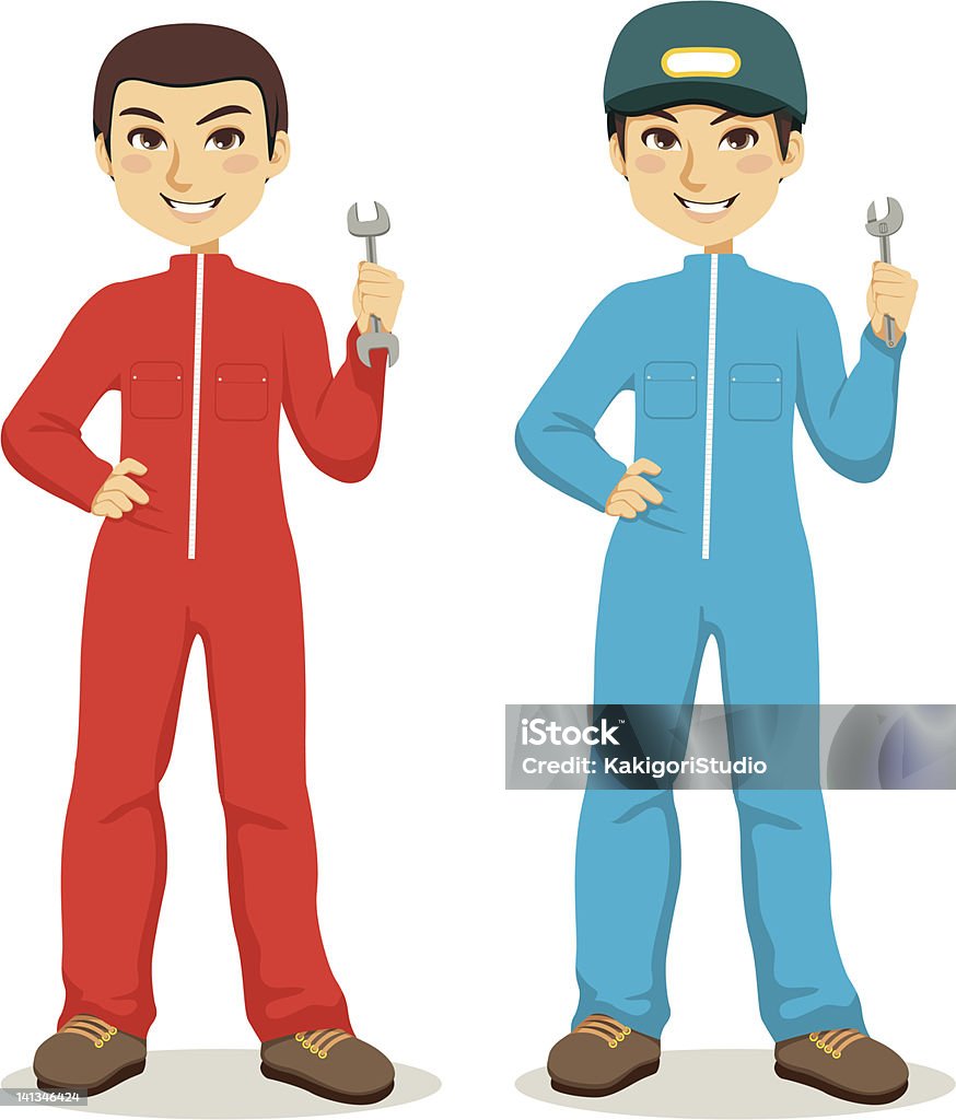 Mechanic Twins Twin mechanic workers with red and blue overalls holding wrench and spanner tools  Adjustable Wrench stock vector