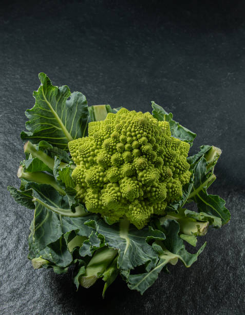 romanesco brokkolikopf auf einer dunklen steinoberfläche, kohl, nahaufnahme, fibonacci-sequenz - romanesque broccoli cauliflower cabbage stock-fotos und bilder