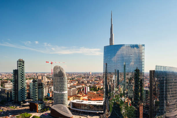 milan Gae Aulenti district during a springtime day milan skyline top view during a sunny day milan stock pictures, royalty-free photos & images