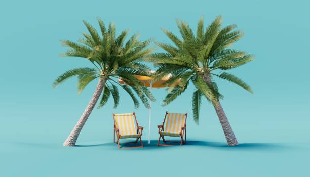 Palm trees, sun loungers and a beach umbrella on a blue background.  3d rendering