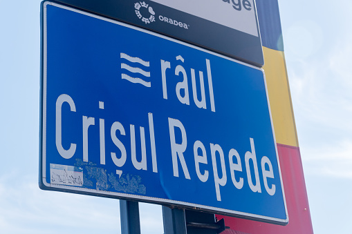 Oradea, Romania - June 10, 2022: Crisul Repede river sign.