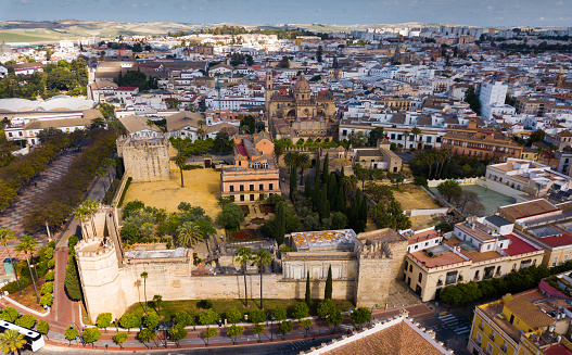Aerial panoramic view of Jerez de la Frontera cityscape with Cathedral of Holy Saviour and Moorish alcazar, Spain