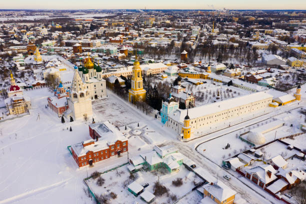 View from drone of Kolomna cityscape with Kremlin